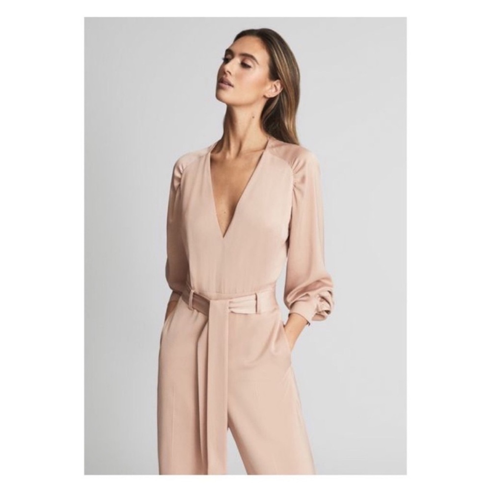 New! REISS Elsa Long Sleeve Wide Leg Jumpsuit In Blush Pink - Picture 2 of 8